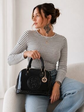 Vintage Y2K GUESS Black Patent Dome Satchel Handbag
